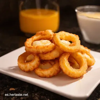 Deliciosos Cheesy Perfection Crispy Mozzarella Onion Rings Tarjeta de receta