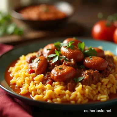 Arroz con Carne y Salchichas Meloso Receta F&aacute;cil Tarjeta de receta