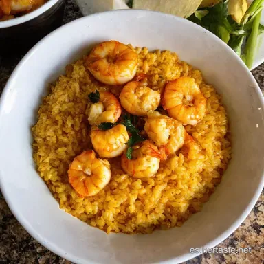 Camarones al Ajillo con Arroz C&iacute;trico Fiesta en un Bowl Tarjeta de receta