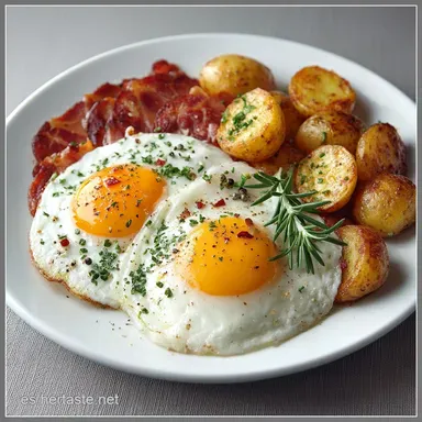 Plato Combinado R&aacute;pido: Lomo, Huevo y Patatas en 30 Min. Tarjeta de receta