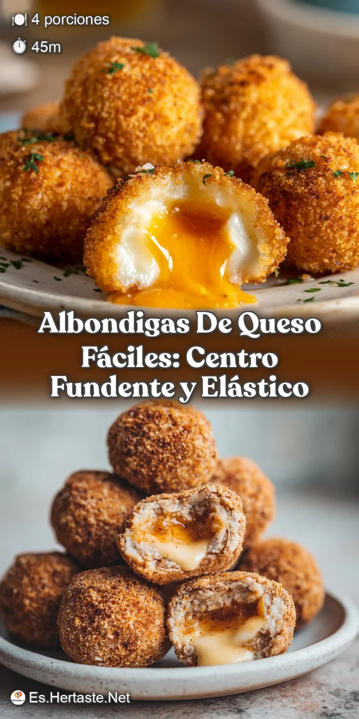 A close-up reveals a creamy cheese center spilling from a golden-crusted meatball, bathed in a vibrant, textured tomato sa...