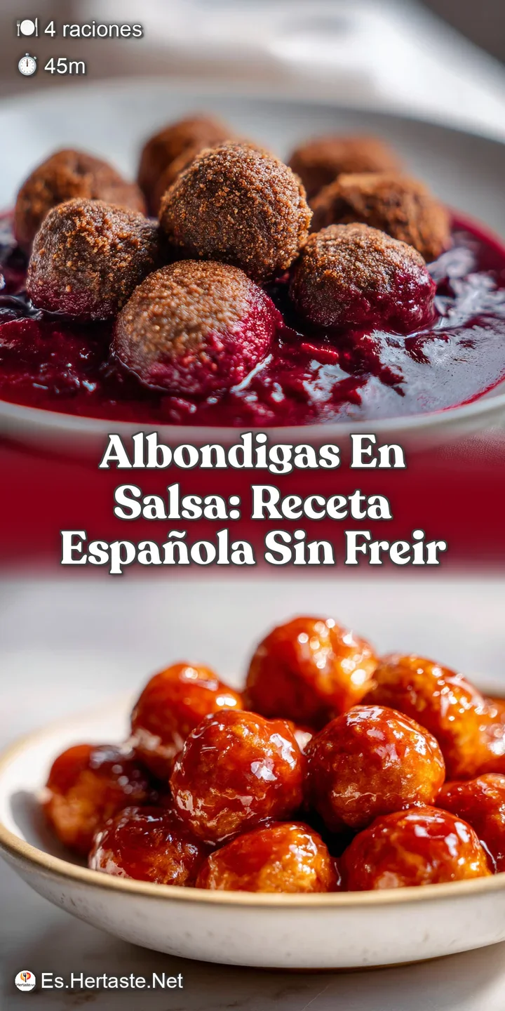 Close-up showcases the juicy texture of Spanish meatballs bathing in a simmering tomato sauce, promising a warm, savory, a...