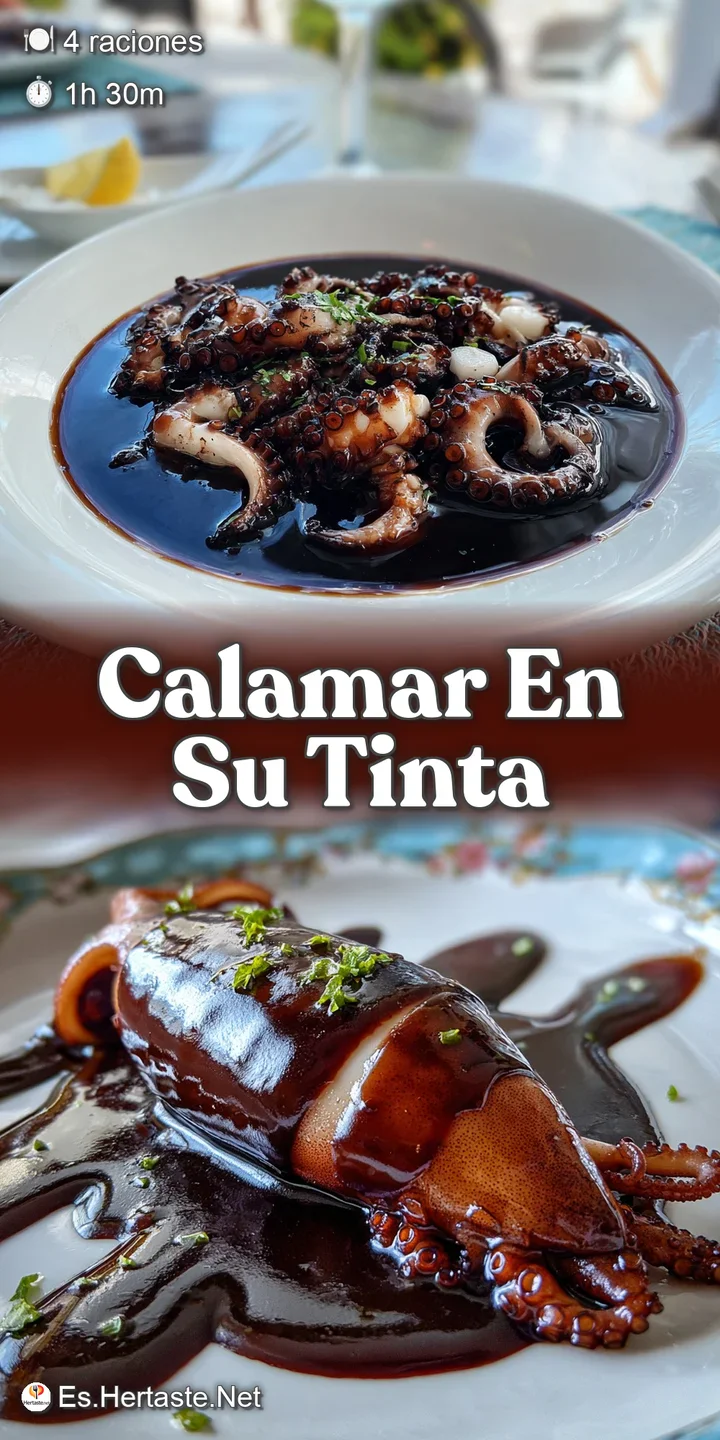 Close-up of tender squid in a dark, inky sauce. The sauce glistens, highlighting its smooth texture. A sprinkle of green p...