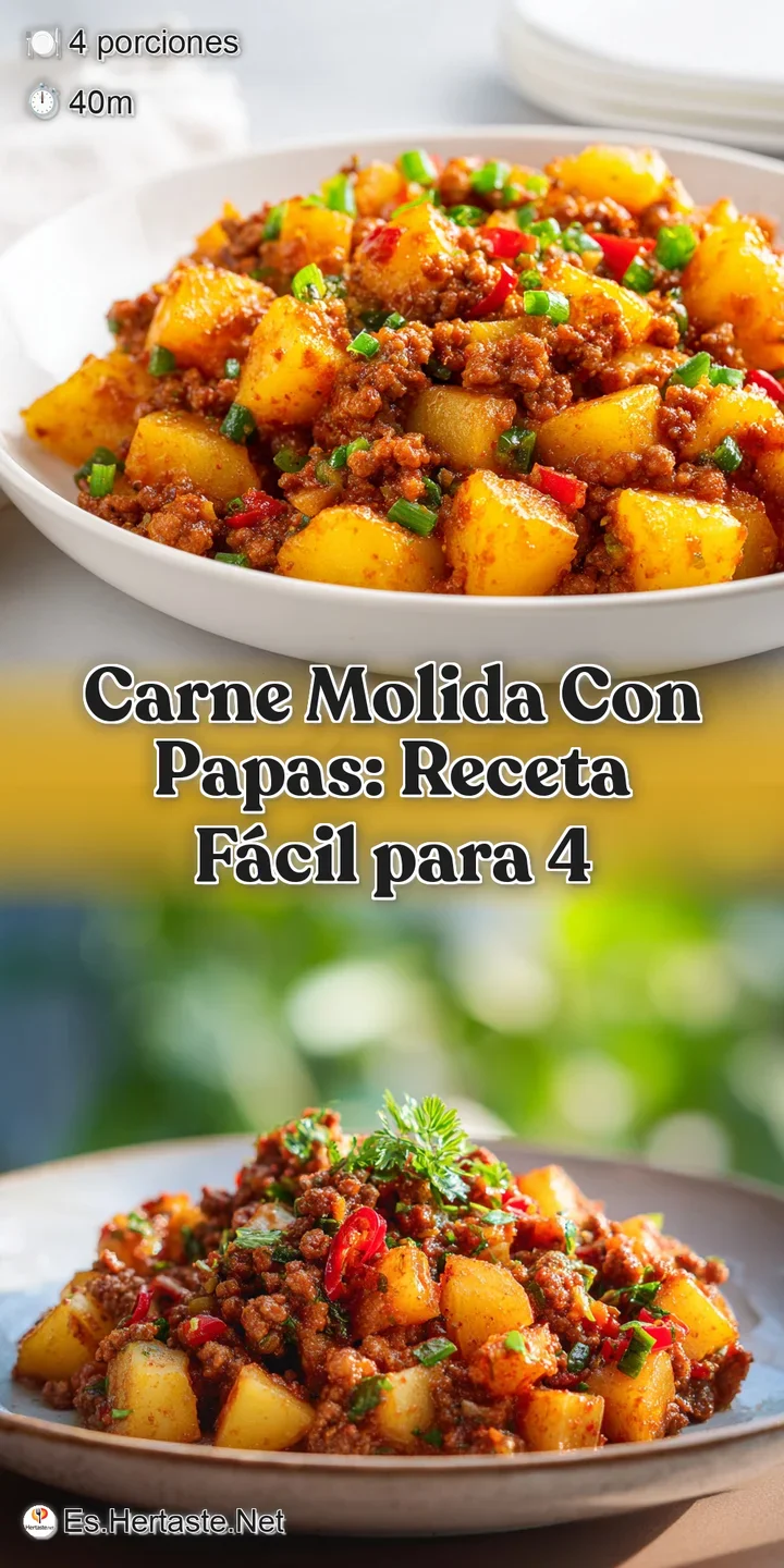 Close-up reveals tender ground beef with soft potatoes, glistening in a savory sauce with visible spices and aromatic herbs.