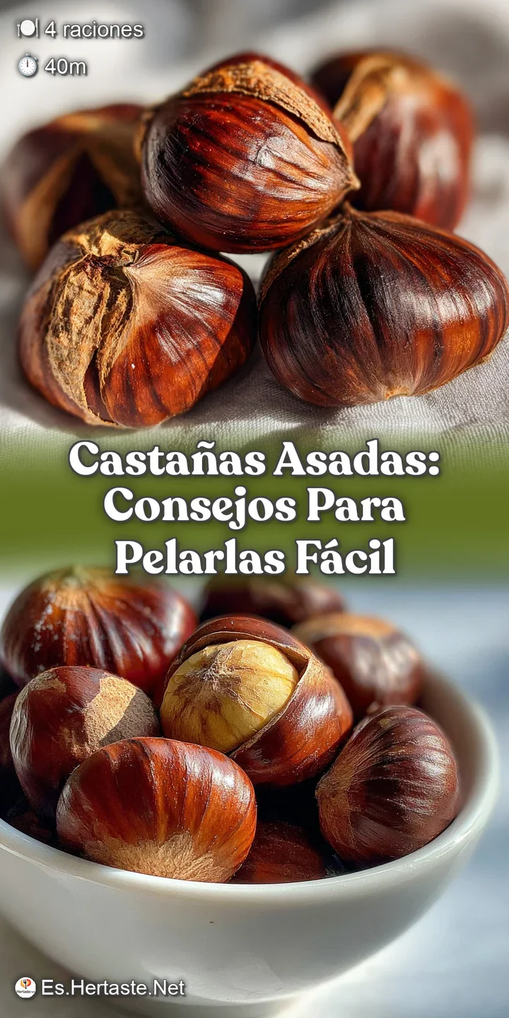 Close-up shows a chestnut, roasted until blackened and split, exposing the soft, edible interior. A hint of steam rises.