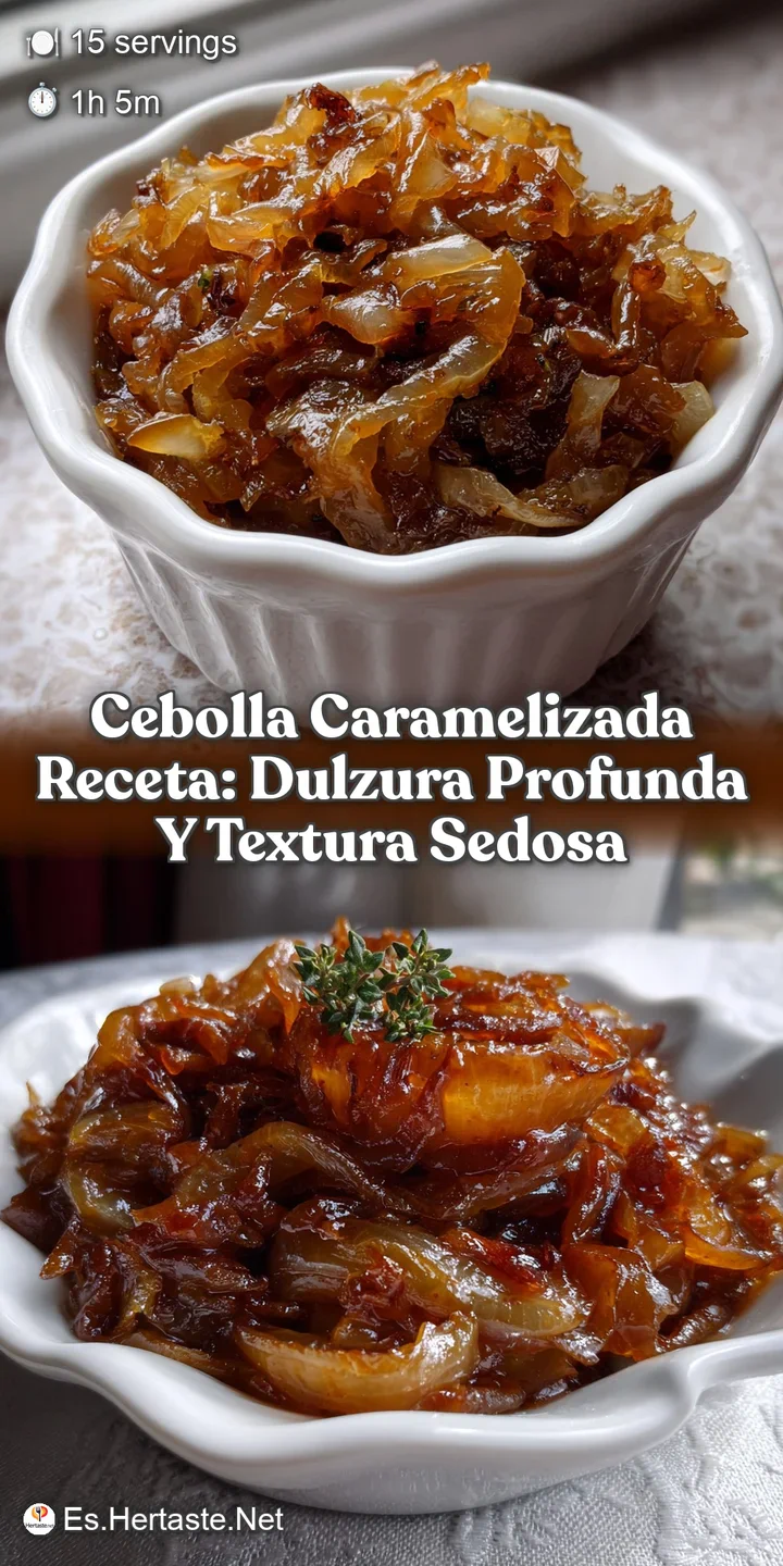 Close-up view of beautifully browned onions, glistening with natural sugars. The soft, tender texture is visually apparent...