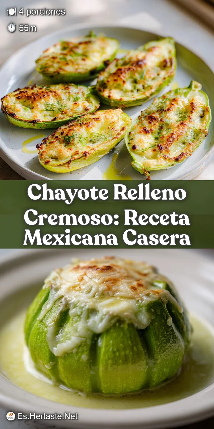 Close-up of a cheesy chayote relleno. Bubbly, browned cheese topping hints at a warm and creamy filling, very appetizing.