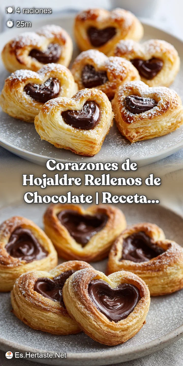 A close-up of a buttery, chocolate-filled puff pastry heart. Flaky layers and a dusting of cocoa invite a delicious bite.