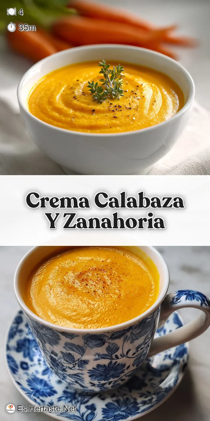 Close-up of velvety smooth, bright orange soup highlighting creamy swirls and bits of vibrant green garnish; warm and invi...