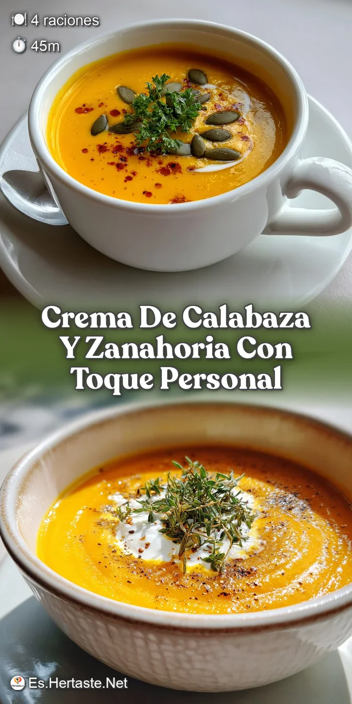 Close-up reveals the velvety texture of the orange soup, enhanced by a swirl of cream and fresh green herbs. Warm and invi...