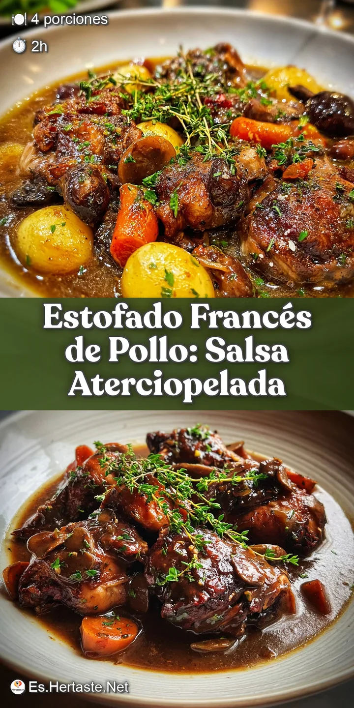 Close-up of simmered chicken, carrots, and potatoes in a rich, glossy sauce. Steam rises from the hearty French stew.