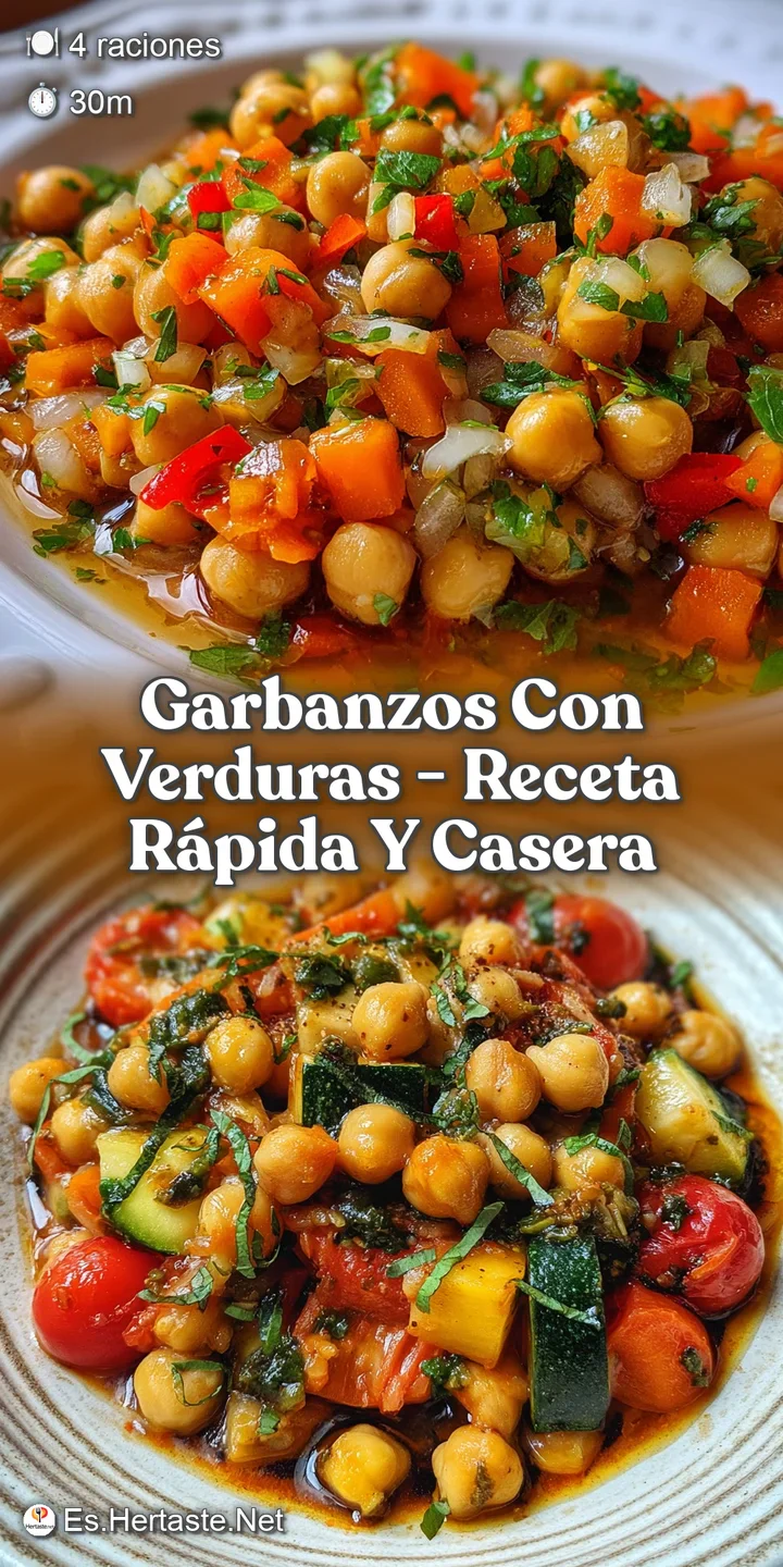 Close-up of tender chickpeas and colorful vegetables simmering in a savory sauce. The texture is soft, inviting, and promi...