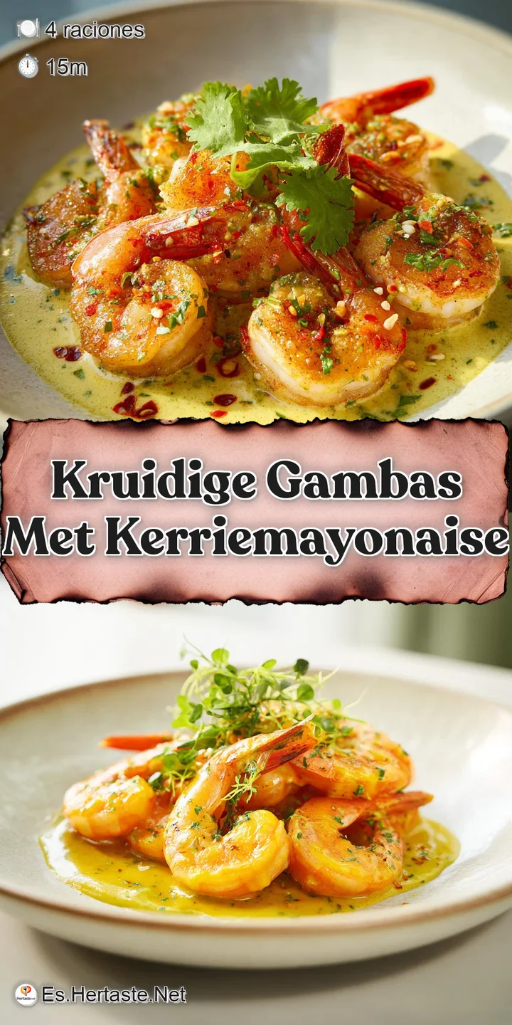 Close-up: Plump, juicy spiced shrimp coated in flavorful oil, with a dollop of rich, golden curry mayonnaise inviting a ta...