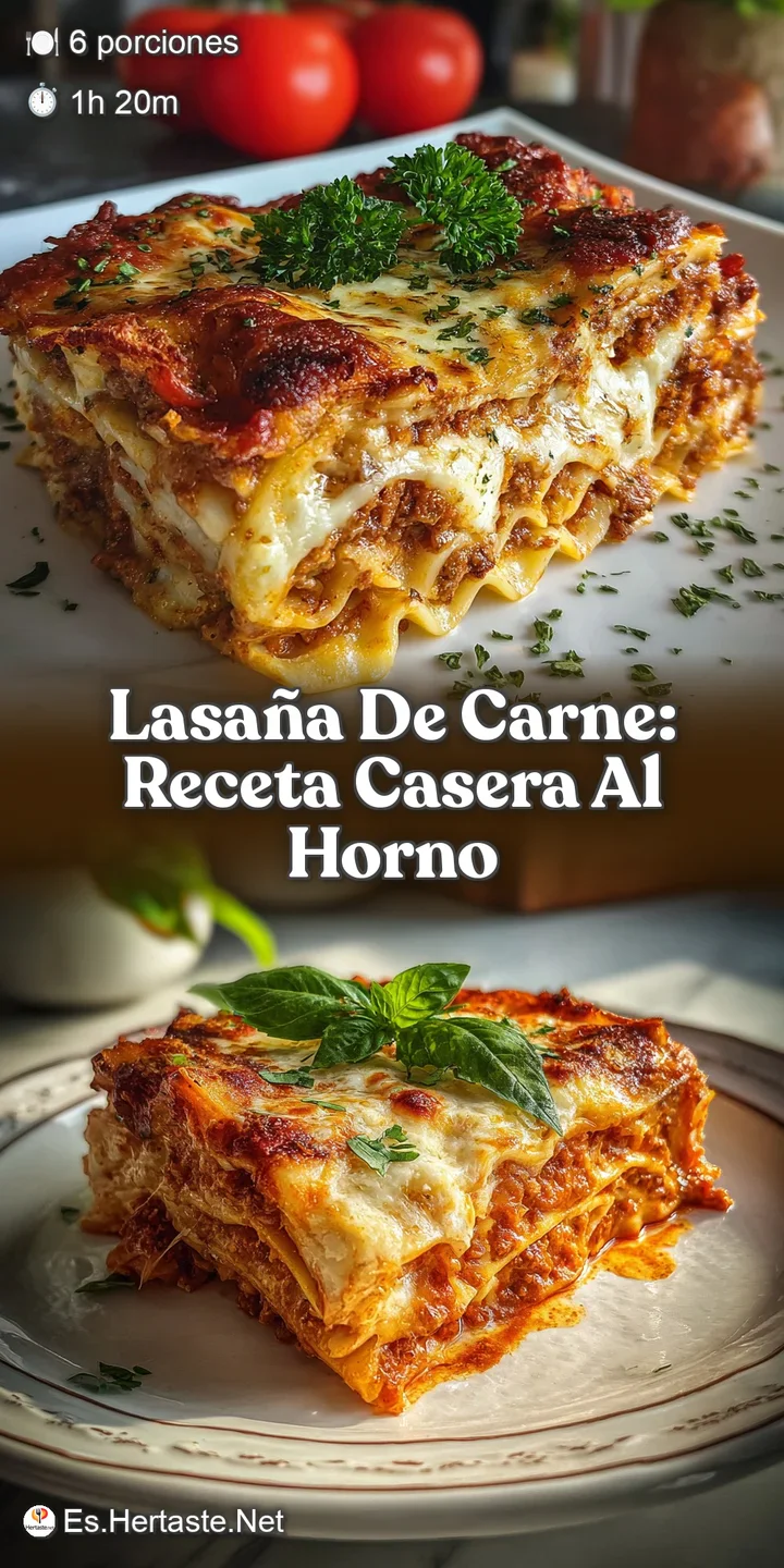 Close-up of lasagna showcasing browned, bubbly cheese with specks of herbs. The rich meat sauce is clearly visible in the ...