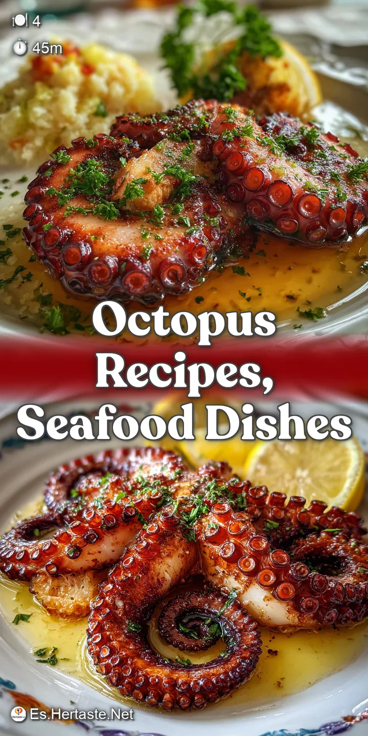 Close-up reveals the smoky aroma of the paprika-dusted octopus, glistening, tender slices, and vibrant colors inviting a t...