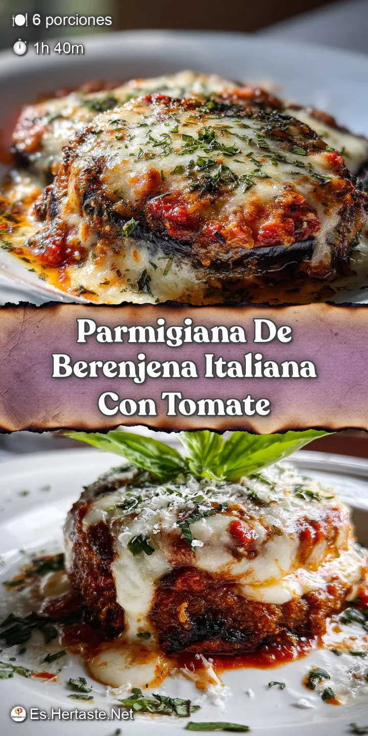 Close-up of eggplant parmigiana, showcasing the soft layers of eggplant, the stringy, melted mozzarella, and vibrant tomat...