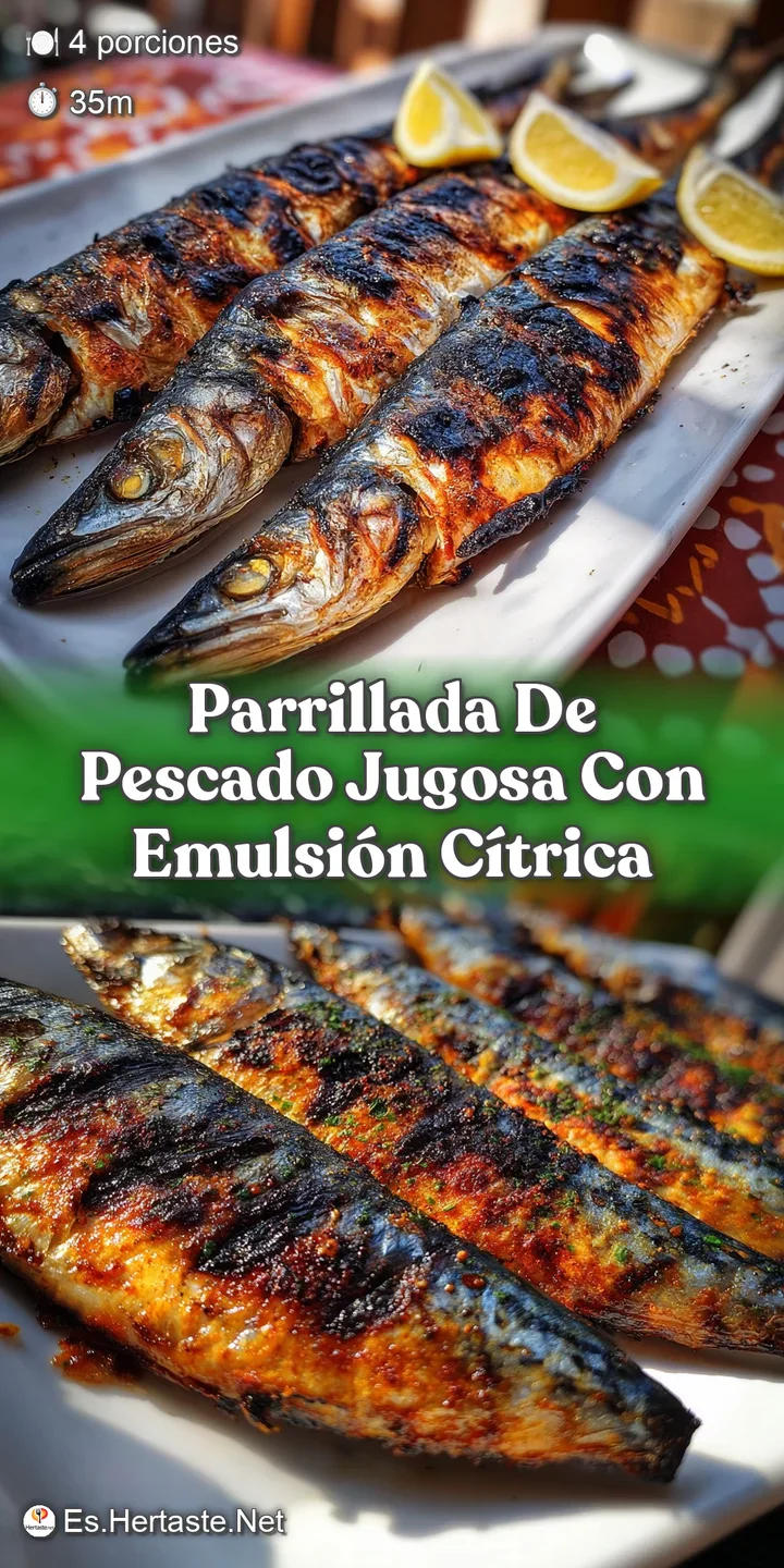 Close-up of sizzling grilled seafood: flaky white fish, succulent shrimp, and blistered tomatoes, highlighting smoky grill...