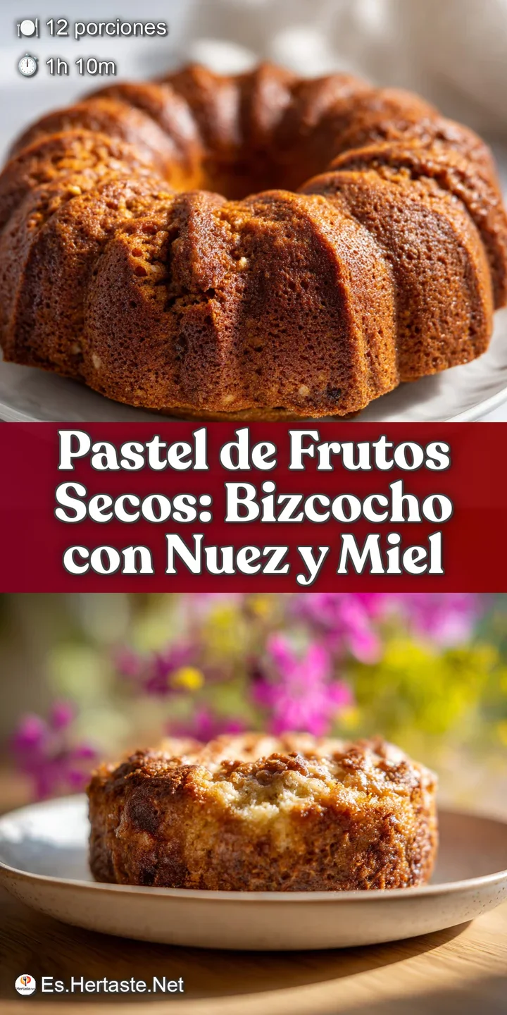 Close-up of a moist, golden-brown cake studded with visible nuts. Powdered sugar adds a sweet, inviting touch.