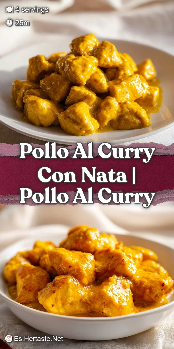 Primer plano de pollo jugoso cubierto por una salsa de curry aterciopelada y brillante con vapor saliendo del plato.