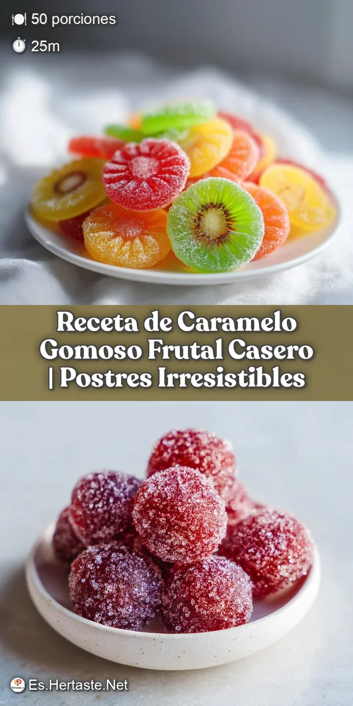 Close-up reveals chewy caramels with visible fruit pieces. The sugary coating shimmers and looks irresistibly soft and del...