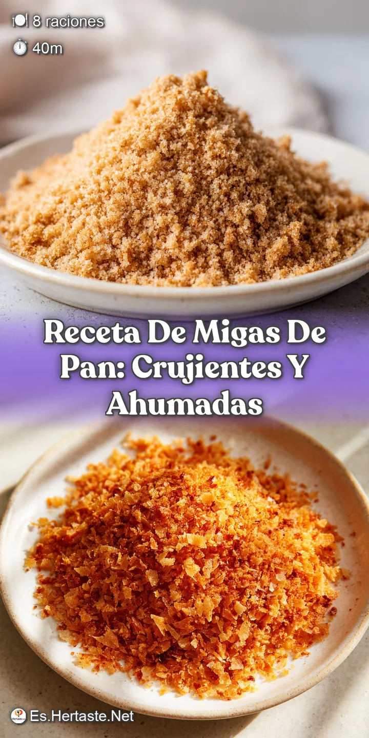 Close-up shot highlighting the rustic textures of migas, with golden, fried breadcrumbs glistening and herbs adding pops o...