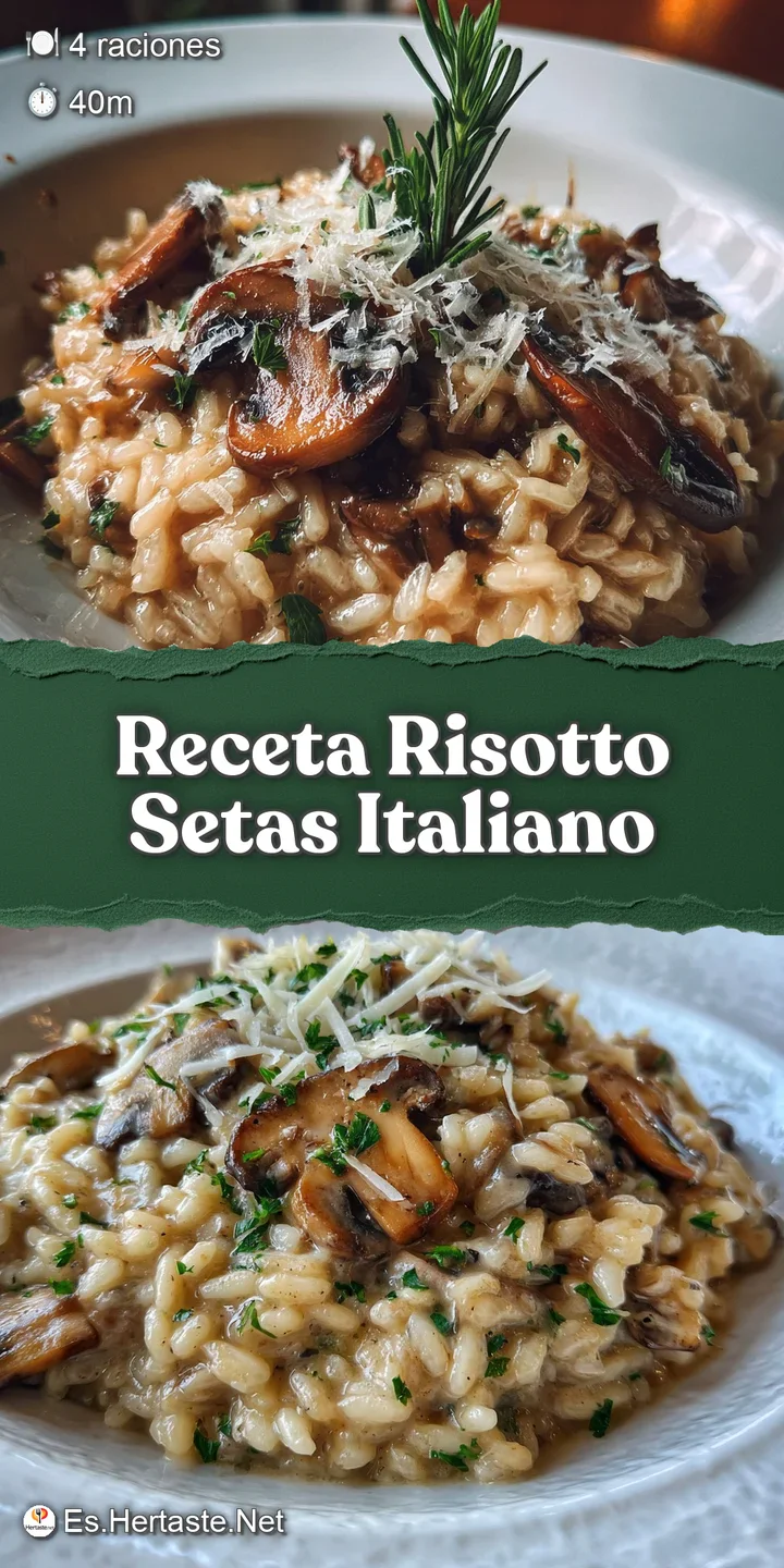 Close-up of perfectly cooked risotto, highlighting the creamy texture and plump mushrooms. Glistening broth creates an irr...