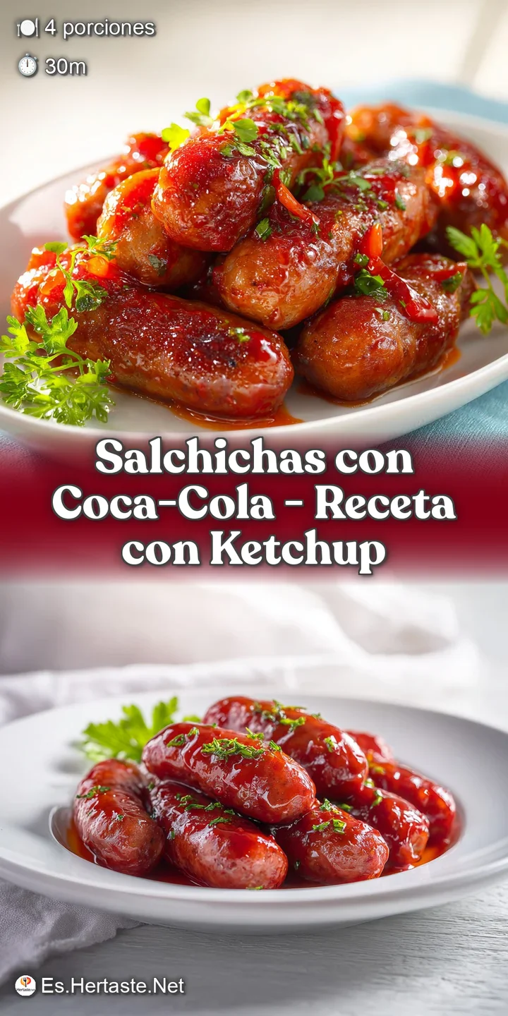 Close-up reveals plump sausages glistening in a sticky, dark Coca-Cola sauce. Hints of spices and caramelized onions are v...