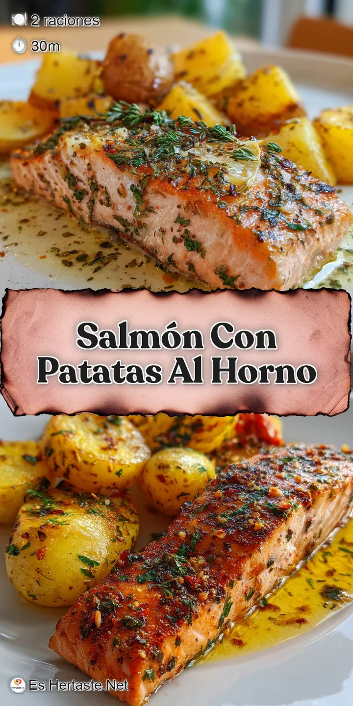 Close-up of succulent, flaky baked salmon glistening with olive oil, paired with crispy-edged roasted potatoes and fragran...