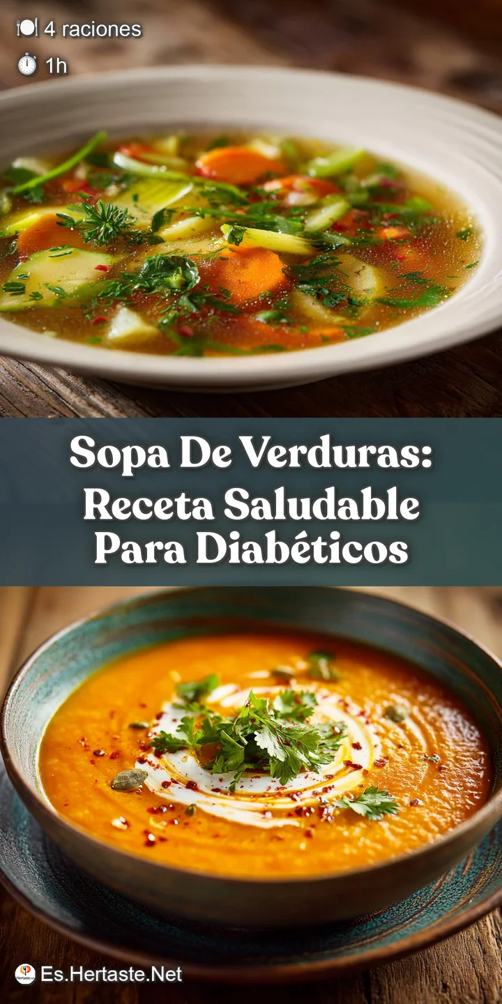 Close-up of hearty vegetable soup. Chunks of tender carrots and potatoes float in a rich, flavorful broth, speckled with h...