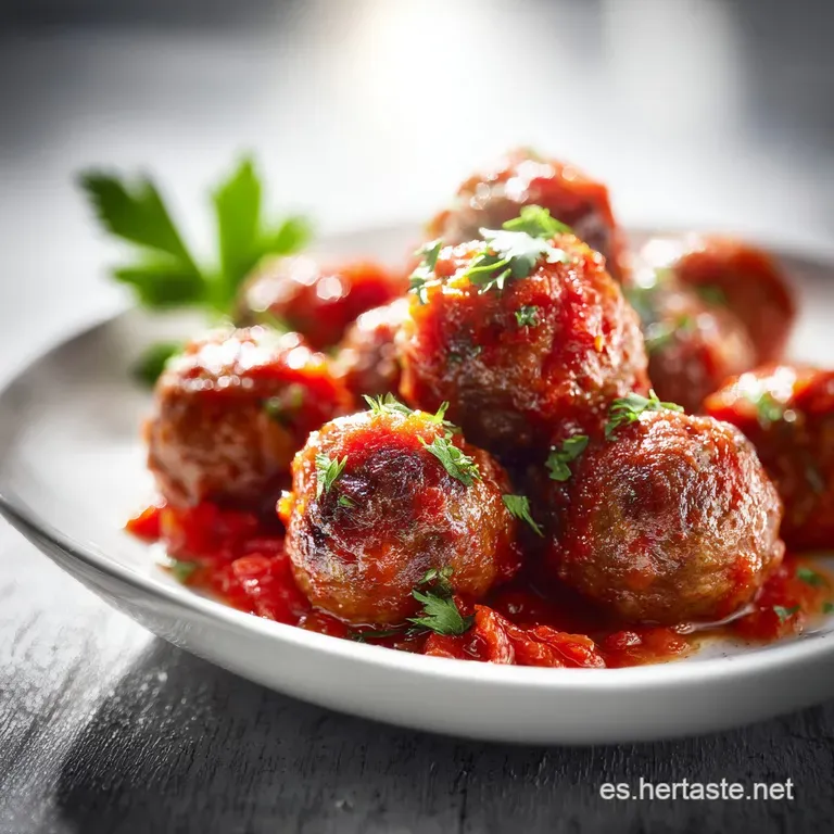 Close up of 3 juicy albondigas plated in a shallow pool of simmering tomato sauce, steam rising to meet the light.