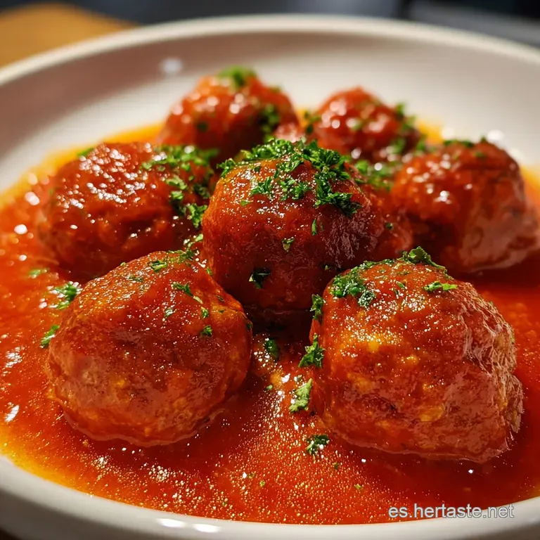 Plated meatballs bathed in glossy red sauce, sprinkled with fresh parsley. The tender texture is evident in their rounded ...