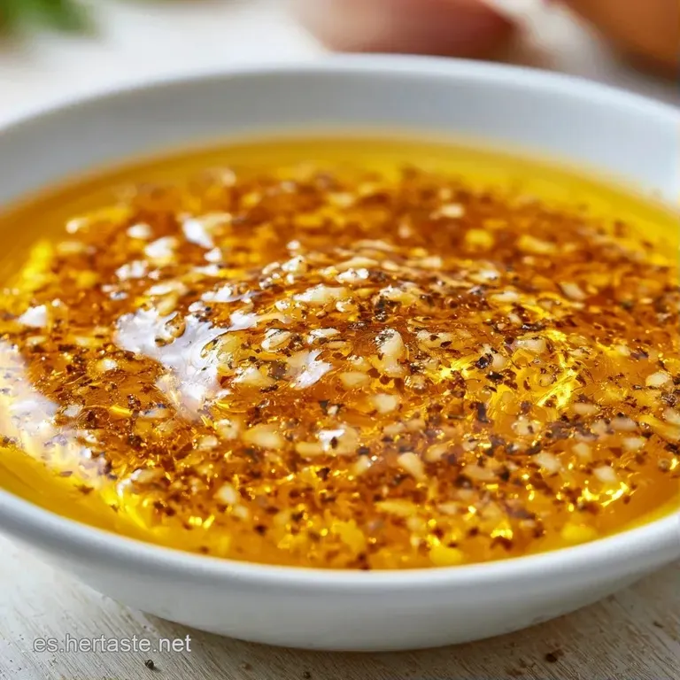 Hilos de aceite dorado cayendo sobre hojas verdes crujientes en un plato blanco, con granos de pimienta negra molida.
