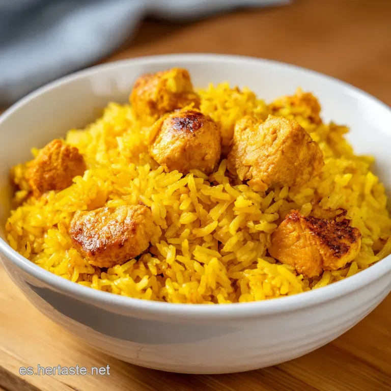 Mont&iacute;culo de arroz dorado decorado con trozos de pollo tierno y un toque de crema en una vajilla blanca minimalista.
