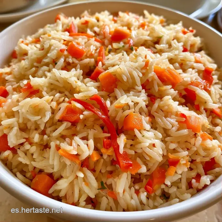 Montículo de arroz blanco esponjoso en plato blanco, adornado con hojas de perejil fresco y verduras multicolores.