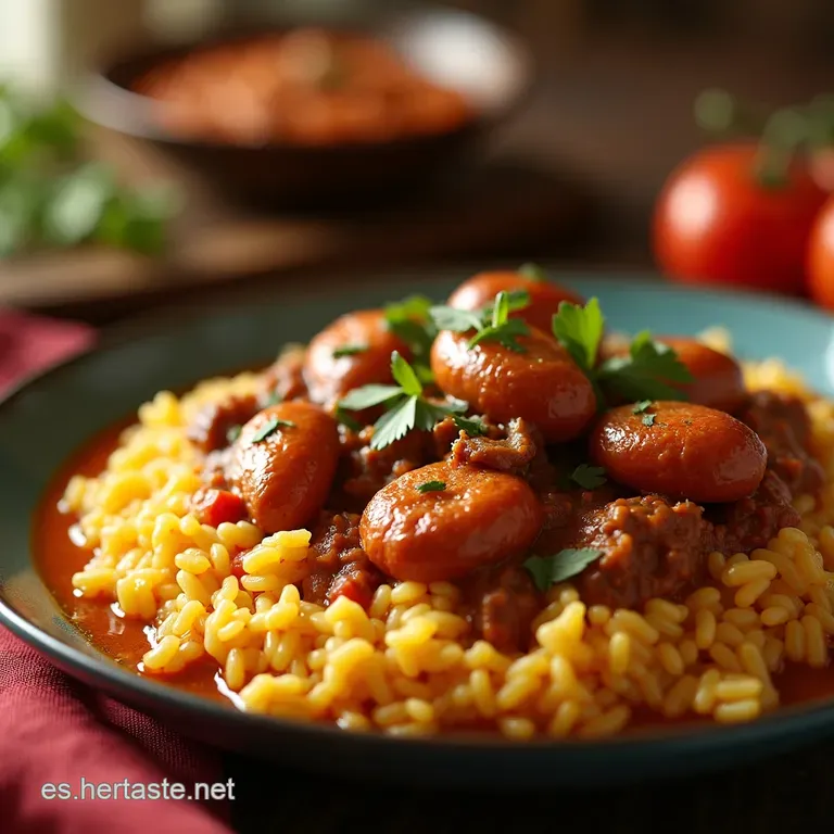Arroz Caldoso Con Carne Guisada Y Salchichas Ahumadas Un Cl&aacute;sico Reconfortante presentation