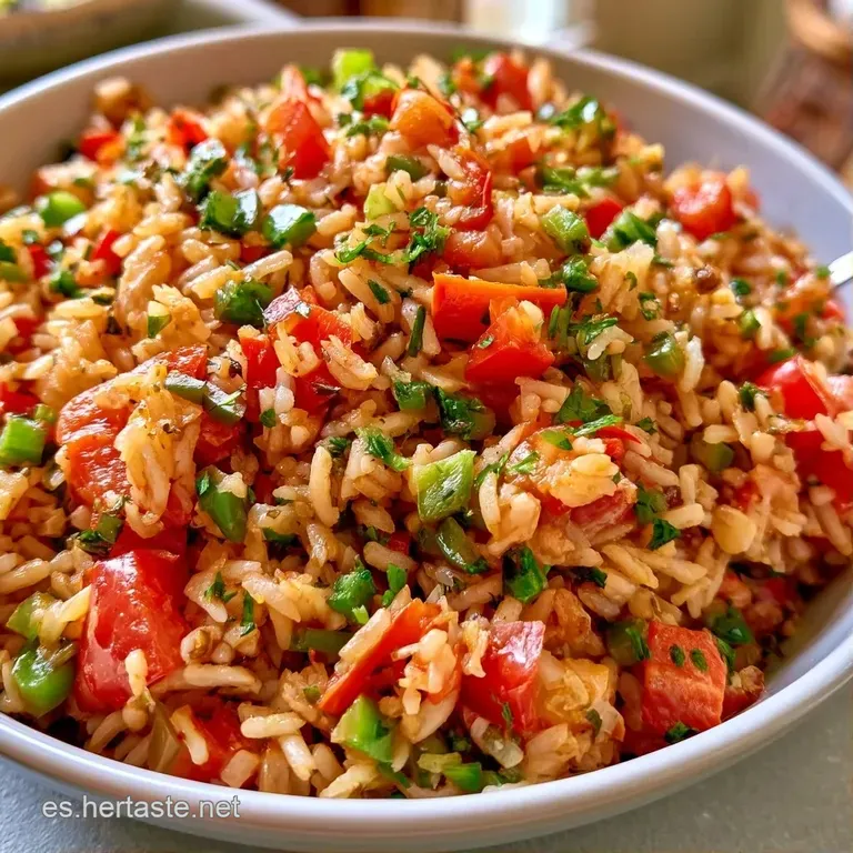 Montículo de arroz brillante adornado con vegetales frescos picados y una hoja de perejil sobre un plato de cerámica.