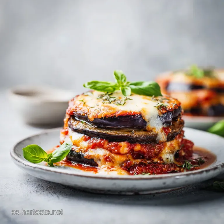 Elegant slice of baked eggplant parmesan, cheese strings, vibrant tomato sauce on a white plate.