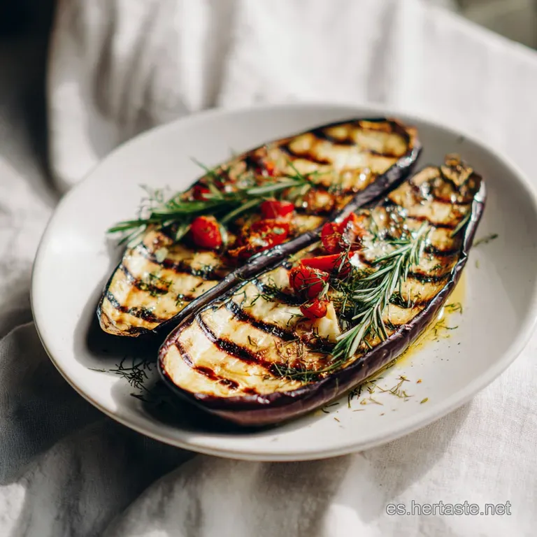 Thinly sliced grilled eggplant artfully arranged on a white plate, drizzled with a vibrant green sauce and a sprinkle of r...