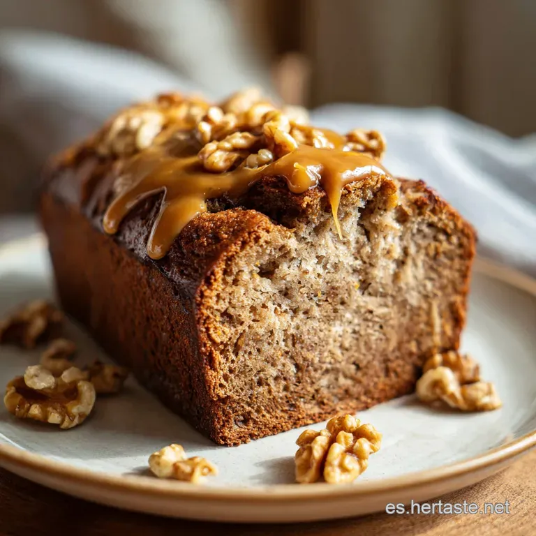 Slice of moist banana cake with caramel drizzle and crunchy nuts on a white plate, inviting dessert presentation.