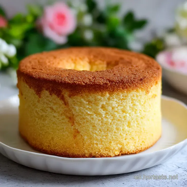Slice of fluffy sponge cake on a white plate, with a dollop of whipped cream and fresh berries, inviting and delicious.