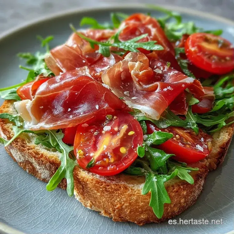 Rebanadas de pan tostado y crujiente con tomate rojo jugoso, dispuestas con cuidado sobre un plato blanco minimalista.