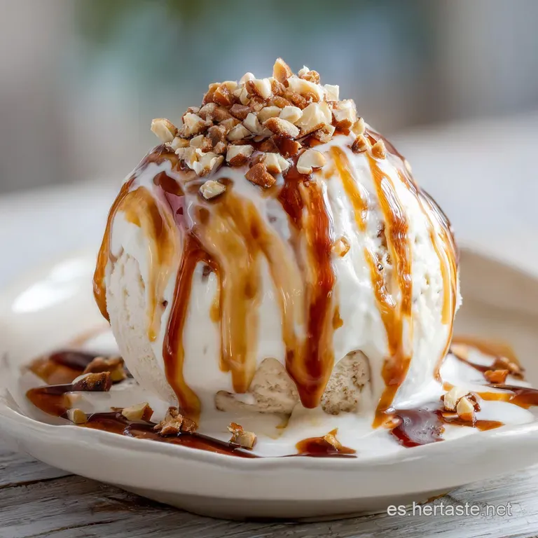 Elegant, single bomb&oacute;n revealing a smooth, creamy interior. A sprinkle of fine sugar delicately graces the plate next to it.