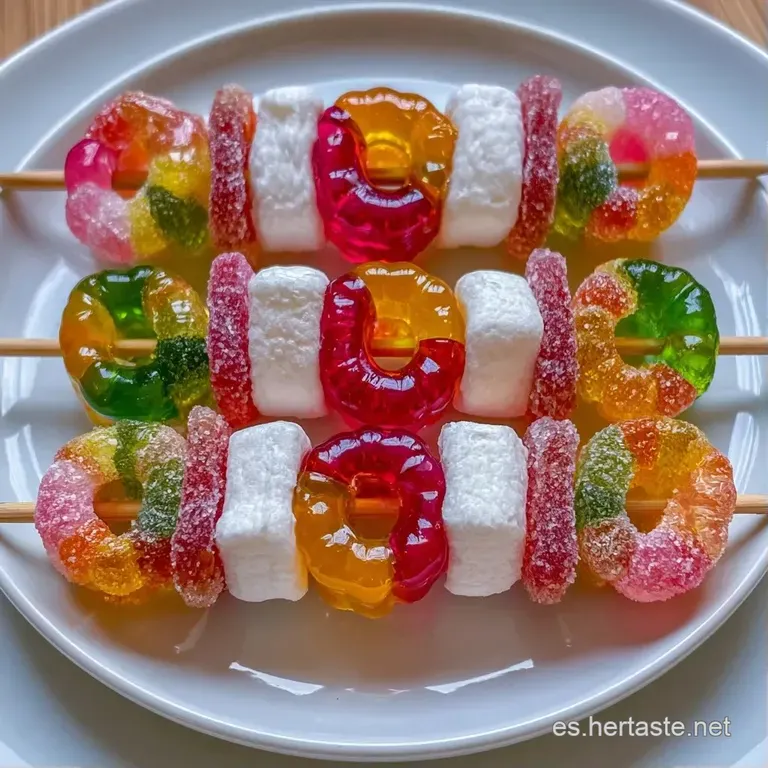 Brochetas de dulces alineadas con precisi&oacute;n sobre una bandeja blanca, resaltando colores vibrantes y texturas suaves.