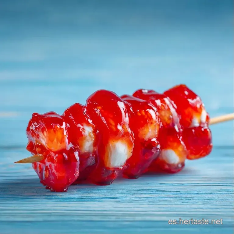 Brochetas dispuestas sobre un plato blanco, resaltando el contraste del rojo intenso y la textura brillante del chamoy.