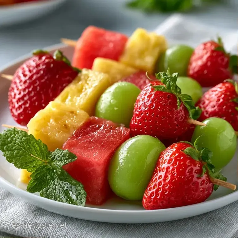 Brochetas alineadas con frutas brillantes y jugosas, decoradas con hojas de menta fresca sobre una superficie clara.