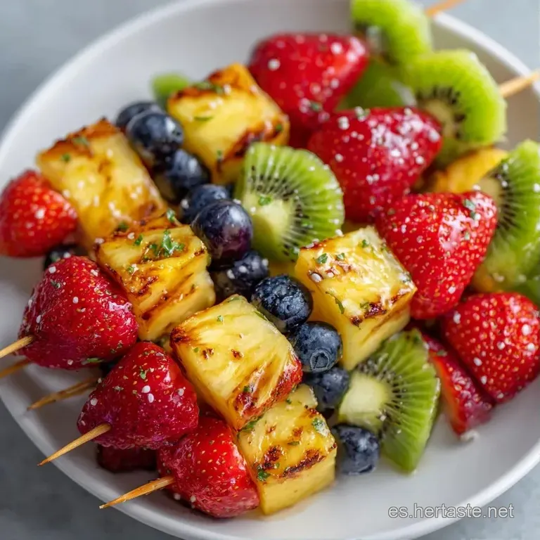 Brochetas de frutas frescas dispuestas en plato blanco, con colores vibrantes y gotas de jugo que brillan bajo la luz.
