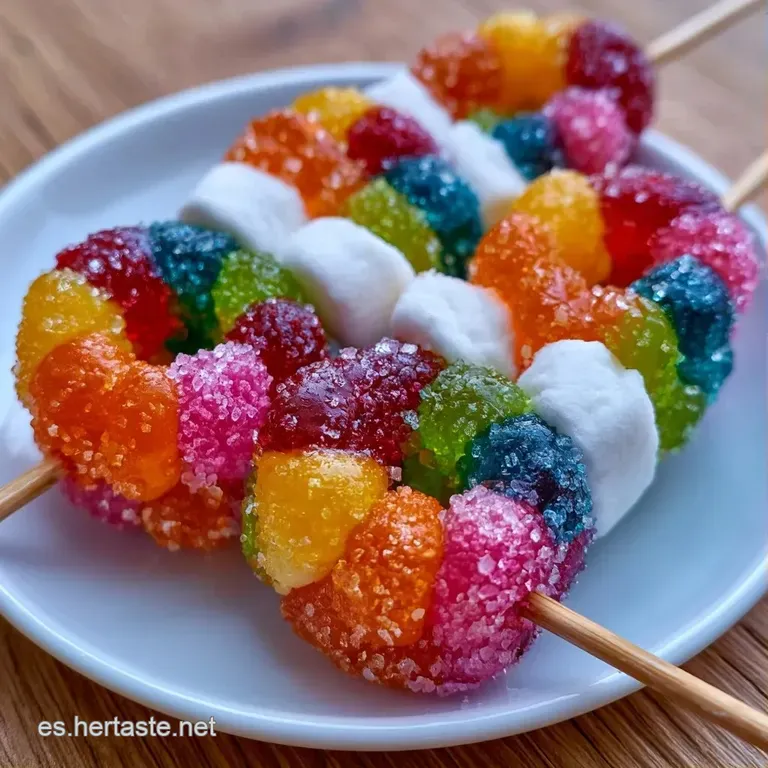 Gominolas multicolores y transl&uacute;cidas ensartadas en varas, organizadas en c&iacute;rculo sobre una fuente blanca minimalista.