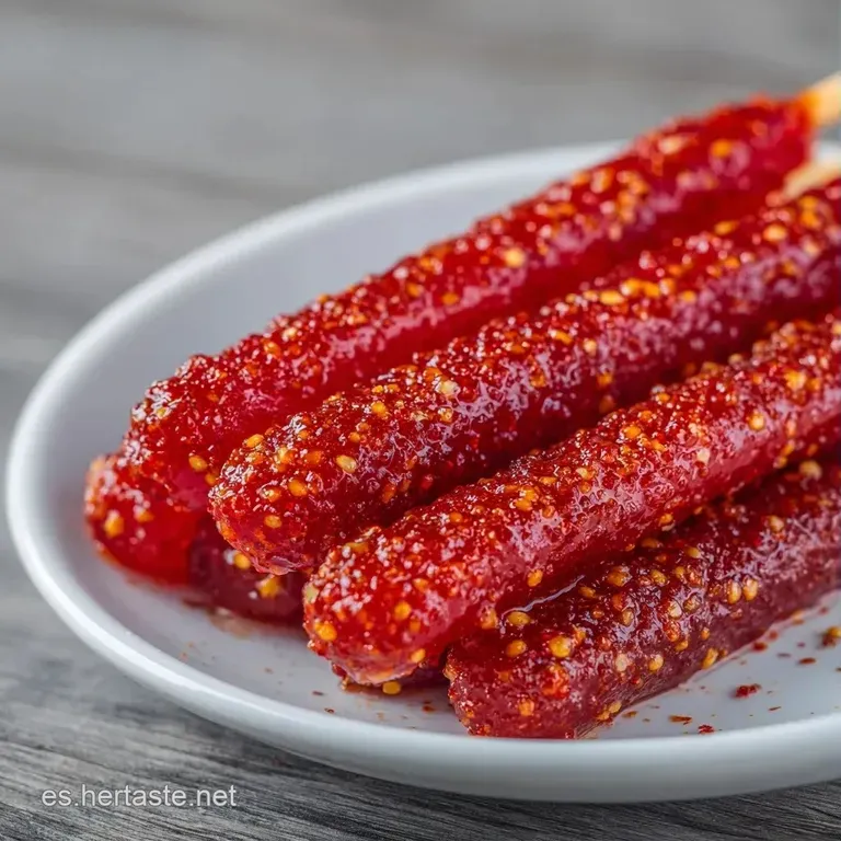 Brochetas alineadas sobre un plato blanco, resaltando el contraste de gomitas brillantes y el rojo intenso del chamoy.