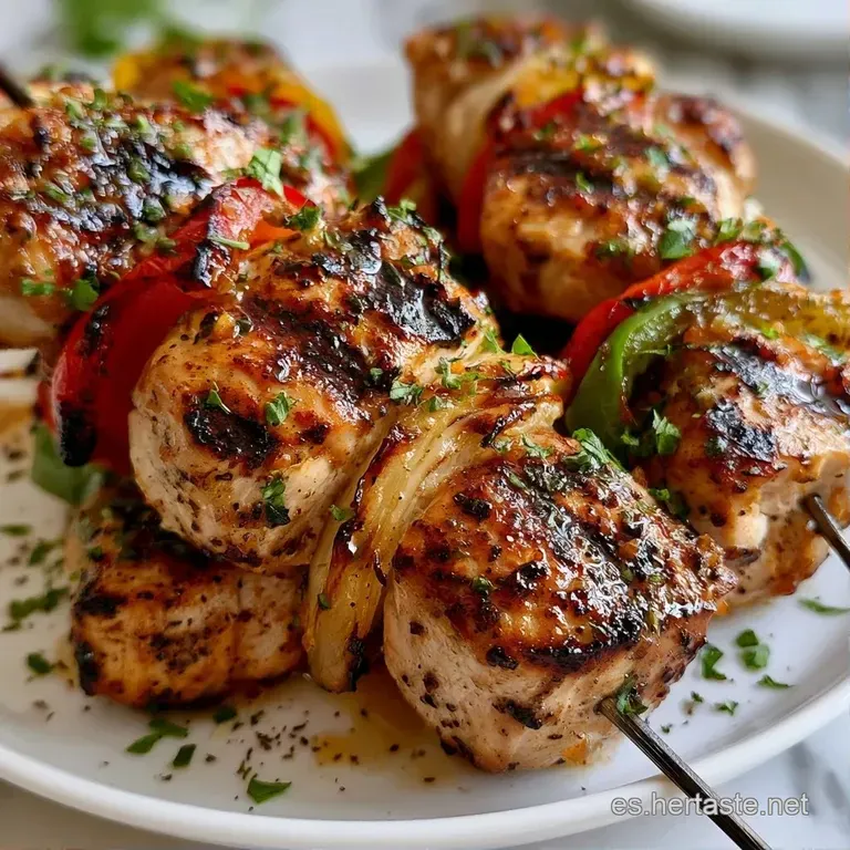 Brochetas alineadas con marcas de parrilla, alternando colores vibrantes de verduras y carne tierna en fuente cer&aacute;mica.