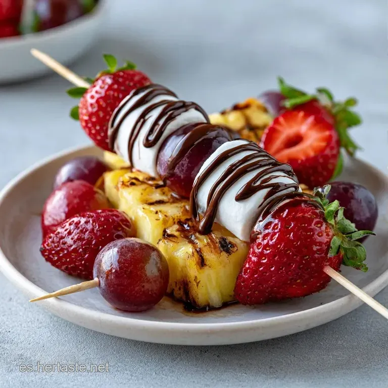 Brochetas de fruta fresca dispuestas en abanico con hilos de chocolate fundido y una hoja de menta verde vibrante.